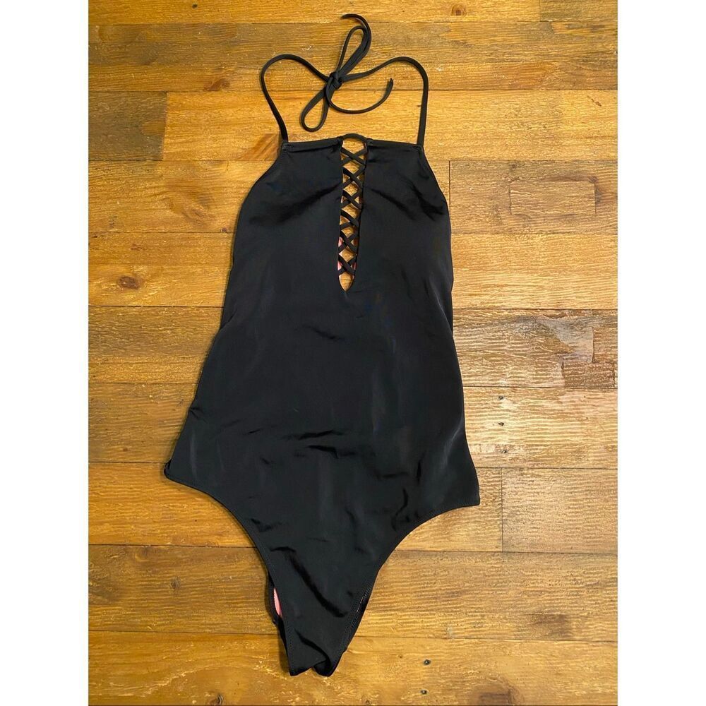 Victoria’s Secret PINK M cheeky lace up black one piece swimsuit halter
